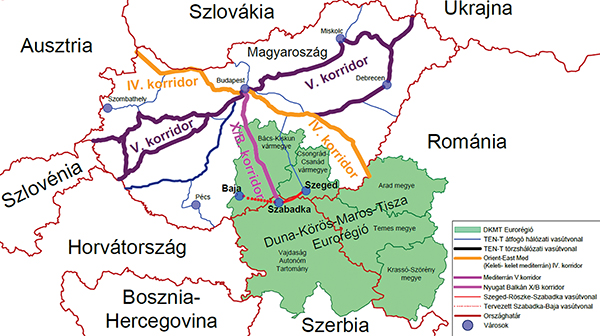 2. ábra. A kapcsolódó TENT-T korridorok és elágazásaik