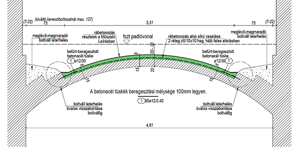 11. ábra. „A” épületrész meggyengült dongaboltozatának tervezett megerősítésének egyik metszettervrészlete