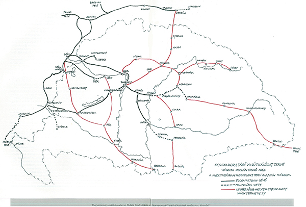 2. ábra. Magyarország vasúthálózatának rendszere, 1856. Hollán Ernő vázlata [2]