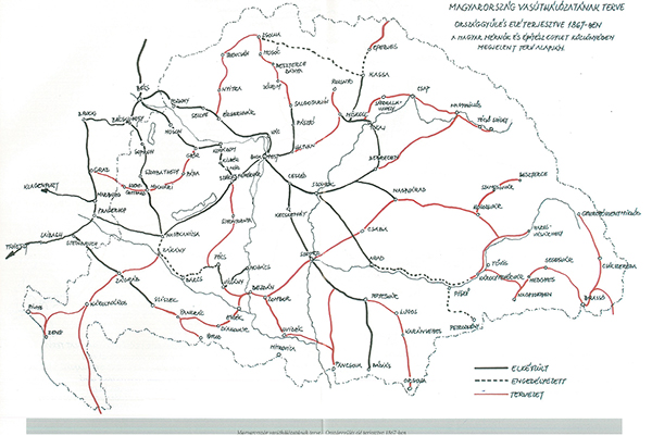 3. ábra. Magyarország vasúthálózatának terve az országgyűlés elé terjesztve 1867-ben [4]